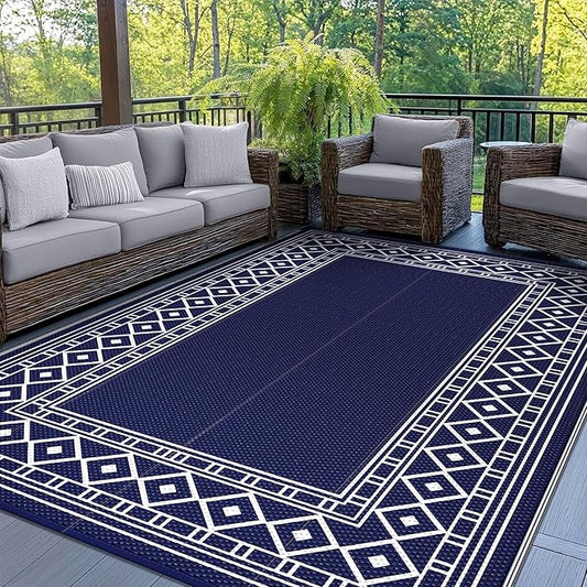 GENIMO Outdoor Rug Waterproof for Patio Decor, 5'x8' Reversible Plastic Straw Rug Carpet, Camping Mats for Outdoor, RV, Backyard, Deck, Balcony, Picnic, Blue & White