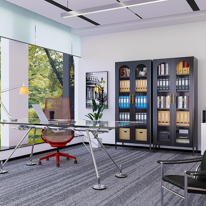 71" Tall Display Cabinet, 5-Tier Bookshelf with Doors & Adjustable Shelf, Modern Storage Cabinets Ideal for Book, Wine, Collectibles, Free Standing Bookcase for Home, Office, Living Room