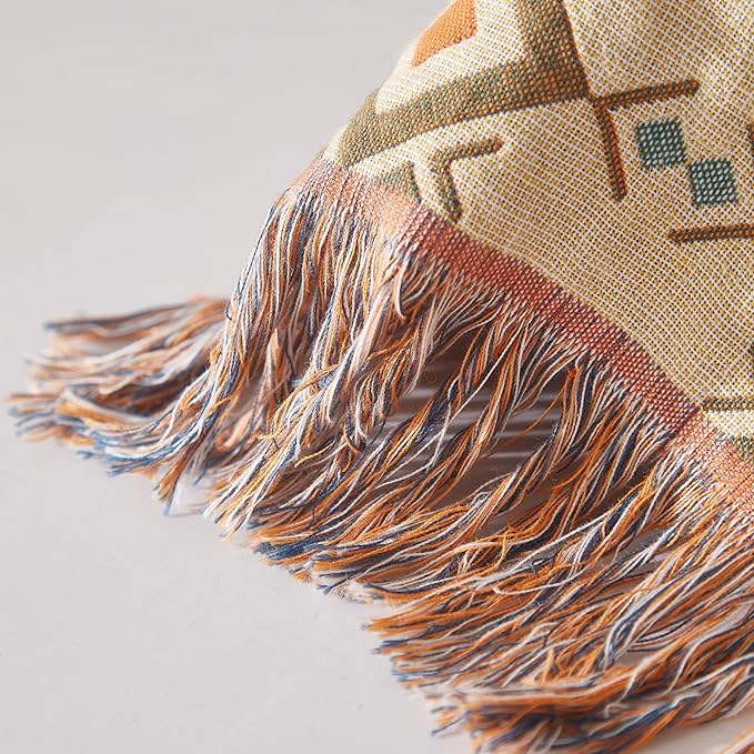 Boho Throw Blanket for Bed 60”x80”, 100% Cotton Woven Blanket for Couch Sofa, Ultra Soft 4-Layer Muslin Quilt with Diamond Pattern, Farmhouse Bed Blanket/Cover for Living Room Decor