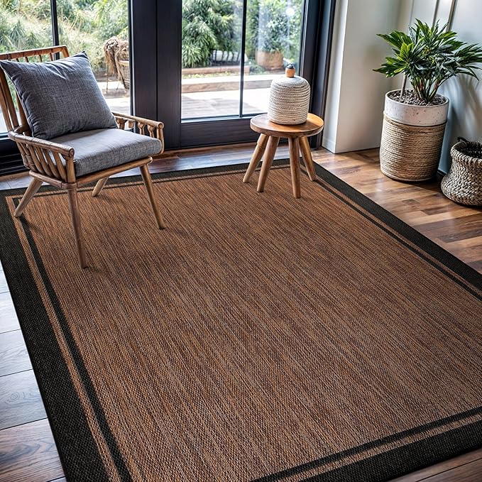 CAMILSON Indoor Outdoor Rug, 10x14 Bordered Nut Brown Black Modern Area Rugs for Indoor and Outdoor Patios, Kitchen and Hallway Mats, Washable Porch Deck Outside Carpet (Border Nut Brown Black 10 x14)