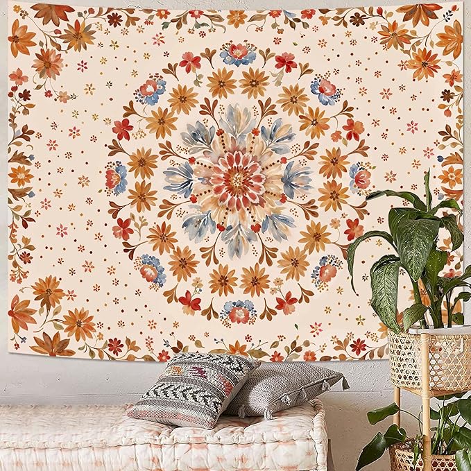 Boho Floral Mandala Tapestry Wall Hanging Watercolor Bohemian Flower Medallion Tapestry Aesthetic Beige Orange Hippie Indian Extra Large Tapestries for Bedroom Living Room Dorm Decor 90 x 68 Inch