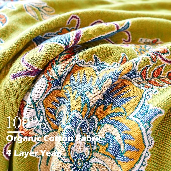 Boho Throw Blanket 80" x 90", 100% Organic Cotton Breathable Ultra Soft Bed Quilt Throw - All Season Luxury Floral Farmhouse Decor Blanket for Sofa Couch Chair and Gift. Green/Blue