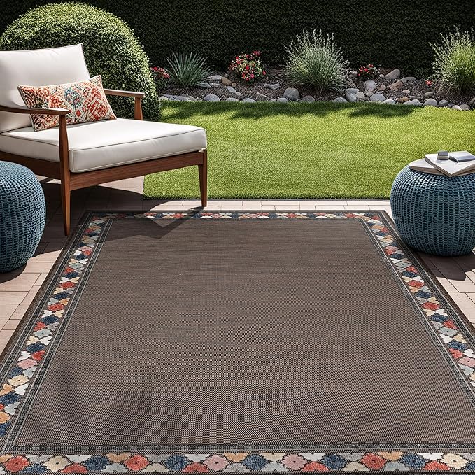 Beverly Rug Outdoor Rug 8x10 Modern Bordered Area Rugs for Indoor and Outdoor Patio Easy to Clean Non Shedding Living Room Porch Garden Washable Outside Carpet (8 x 10 Brown)