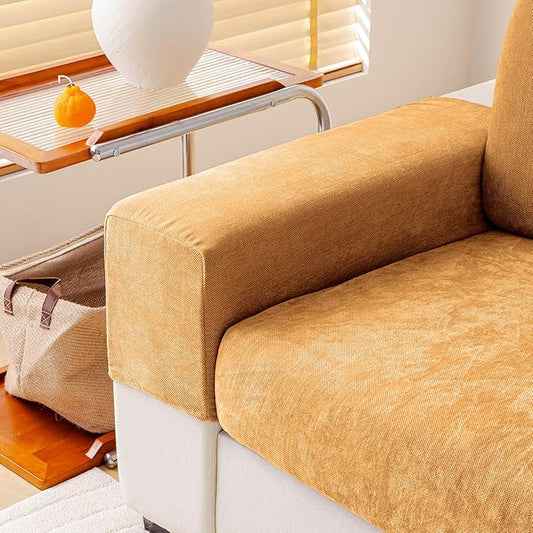 Couch Cushion Covers Individual Large Super Stretch Chenille (Softer Version) Sofa Cushion Covers, Armrest Cover Couch Slipcovers Furniture Protector (2PC, Khaki)