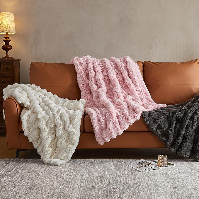 JELLYMONI Faux Fur Throw Blanket, White Fuzzy Cozy Plush Bubble Bed Blanket, Thick and Warm (50" X 60")