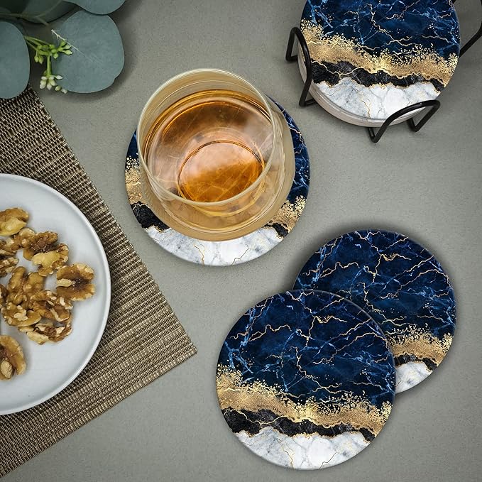 Emerson Coasters for Drinks Absorbent Set of 6 with Holder – Marble Style Coasters – Coasters for Drinks – Drink Coasters for Coffee Table – 100% Ceramic Stone Non Slip – Heavy Duty (Ripple)