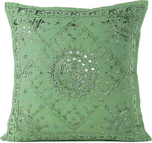Eyes of India Embroidered Decorative Boho Throw Pillow Cover with Mirrors, Handmade Bohemian Accent Cushion Case for Sofa Couch Bedroom Living Room (Green, 24" x 24")