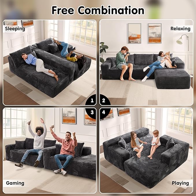 ovios 104" Cloud Sectional Couch with L-Shape Chaise,Modern Modular Sofa with Deep Seat, Upholstered Couches for Living Room Bedroom,No Assembly Required, Grey (Plush Corduroy Fabric)
