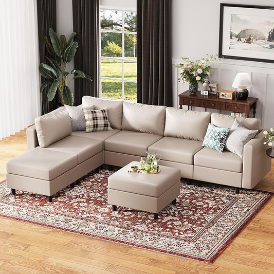 118.5" Faux Leather Modular Sectional Sofa, L Shaped Couch Set for Living Room, 7-Seater Comfy Cloud Couches with Storage Seat Whitesand