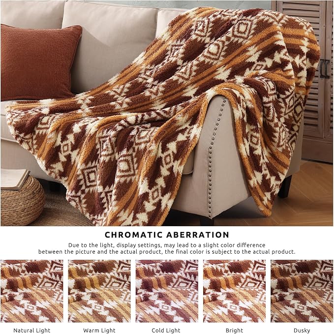 CASAAGUSTO Boho Sherpa Blanket, Aztec Twin Blanket,Ultra Soft, Warm, Cozy, Plush, Thick Fleece Throw Blanket for Couch, Bed, Sofa (Terracotta 60 * 80 Inch)