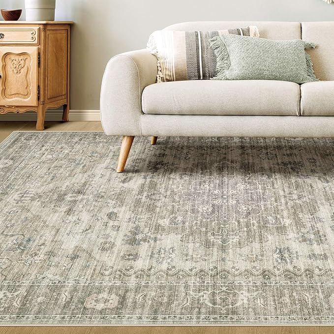 Washable Area Rugs for Living Room -9x12 Neutral Vintage Distressed Floral Farmhouse Boho Large Soft Floor Rug Indoor Non Slip Carpet for Living Room Bedroom Dining Room Office - Brown/Tan