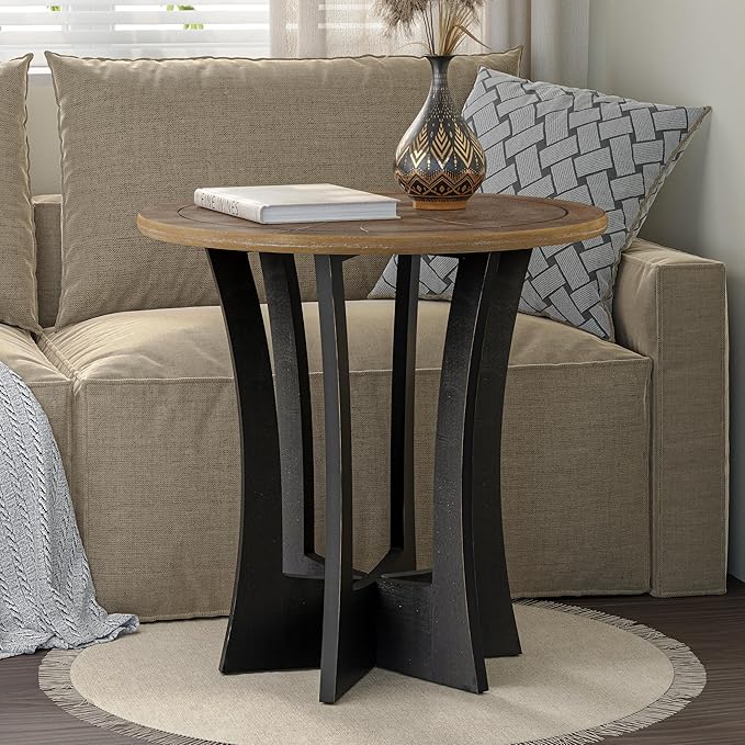 Farmhouse Round End Table with Criss-Cross Wood Legs, Rustic French Country Side Table for Dinning or Living Room, Modern, Black, Natural Wood