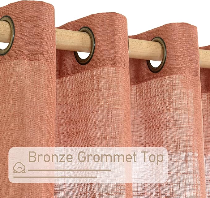 LAMIT Terracotta Linen Curtains 63 Inch for Bedroom, Light Filtering Neutral Semi Sheer Window Boho Curtains Bronze Grommet Panels for Living Room, 2 Panels, 34 x 63 Inch