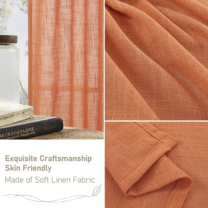 LAMIT Burnt Orange Linen Curtains for Living Room, 90 Inches Long Light Filtering Semi Sheer Panels Neutral Boho Farmhouse Drapes with Bronze Grommet for Living Room, 2 Panels, 52 x 90 Inch