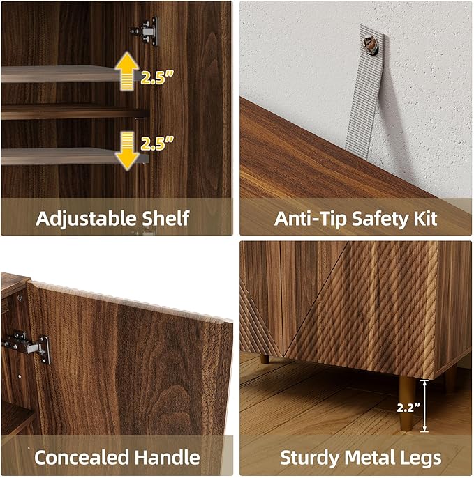 65 Inch Fluted TV Stand, Mid Century Modern Entertainment Center with Storage Cabinets & Adjustable Shelves, Media Console TV Credenza for Living Room, Dining Room, Hallway, Walnut