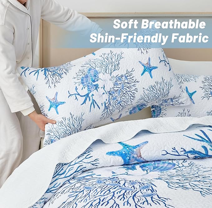 Coastal Bedding King Size Coastal Quilt with 2 Shams, Nautical Beach Comforter Sets Ocean Bedspreads Blue Starfish Coverlet Summer Bedding, 96''x106''