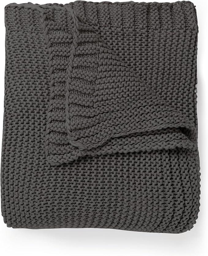 MakeMake Organics Organic Throw Blanket GOTS Certified Organic Cotton Blanket Knit Couch Bed Fall Colors Soft Neutral Cotton Throw Blanket Large (50x60, Charcoal Grey)