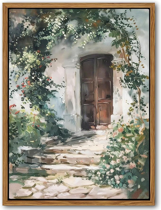 Floating Framed Canvas Vintage Wall Art, Rustic Cottage Spring Garden Oil Paintings Print, Country Floral Pictures Wall Decor for Living Room Bedroom Office Home Decor 16x24 inch