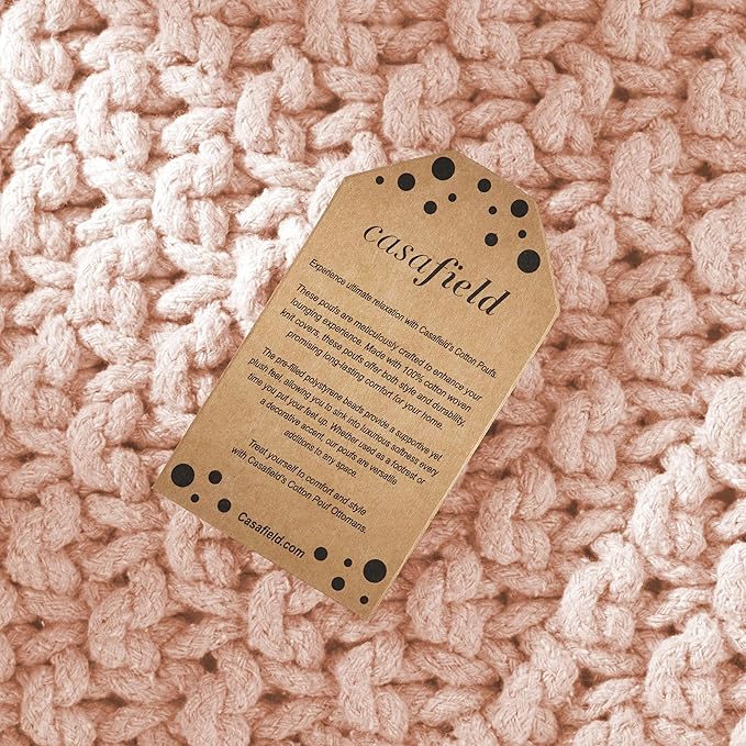 Casafield Square Pouf Ottoman, Light Pink 18.5" W x 18.5" D x 14.5" H Cotton Knit Foot Stool - Boho Floor Pouffe for Living Room, Bedroom, Home Office