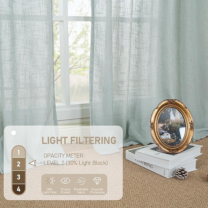 LAMIT Sheer Linen Curtains 63 inches Long for Bedroom, Bronze Grommet Linen Drapes Light Filtering Semi Sheer Curtains for Small Window/Farmhouse, 2 Panels (52 x 63 Inch, Greyish Blue)