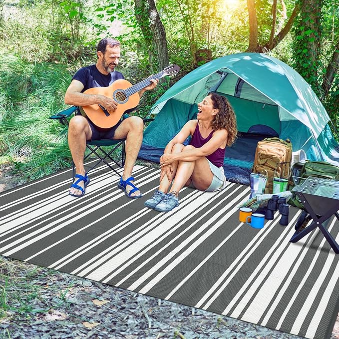 Waterproof Outdoor Rug 8x10 Contemporary Reversible Plastic Straw Rug, Easy Cleaning Striped Patio Carpet, UV-Resistant Indoor Outdoor Floor Cover for RV, Porch, Deck, Backyard, Grey