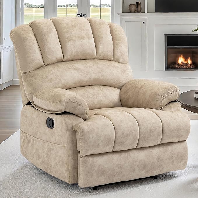 Luxlen Large Manual Recliner Chair,Soft Fabric Push Back Recliner with Overstuffed Armrest and Backrest, Living Room Single Sofa Recliners,Beige