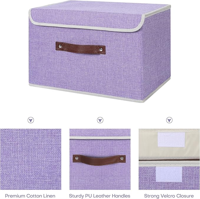 ANMINY 4PCS Storage Bins with Lid PU Leather Handles Storage Boxes PP Plastic Board Decorative Foldable Lidded Cotton Linen Fabric Home Cubes Baskets Closet Organizer Containers - Purple, Large Size