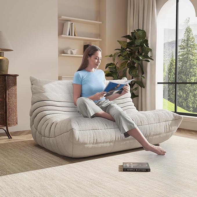 Bean Bag Chair, Oversized Loveseat Fireside Chair for Adults, 2 Seater with Memory Foam Filled, Lazy Sofa Lounge Floor Sofa for Living Room, Bedroom, Office, No Assembly Required. (Beige)