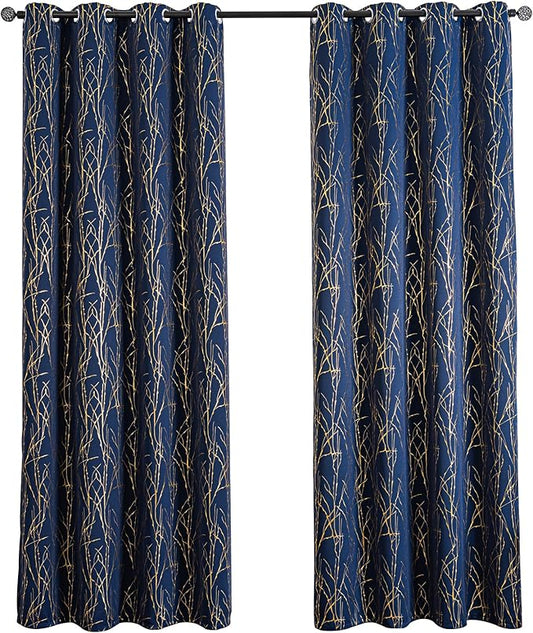 Grommets Blackout Long Window Curtains Navy Blue Gold-52W*108L 2PCS Drapes for Bedroom