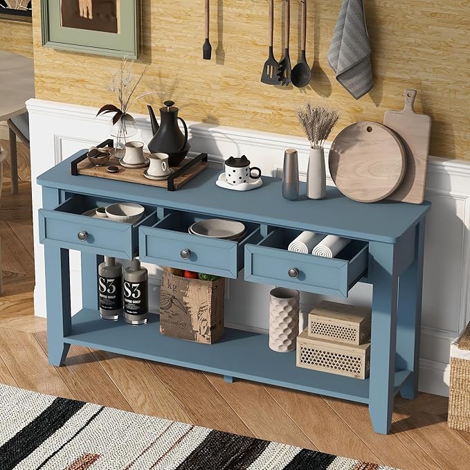 Farmhouse Modern Entryway Console Table 55.4'' Long Entry Sofa Table with Drawers & Storage Shelf for Living Room Hallway, Blue