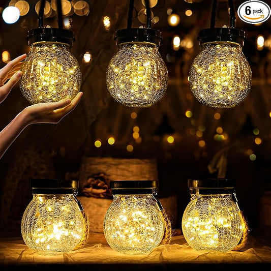Cooo 6 Pack Heavy Crackle Glass Solar Lantern with 30 LED Firefly Lights– Waterproof Outdoor Hanging Lamp 215% Larger Solar Panel, Stainless Steel Lid Decorative Lighting for Garden Patio Table
