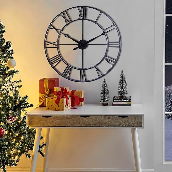 CLXEAST 30 Inch Large Wall Clock Modern, Oversized Roman Numeral Decorative Black Metal Wall Clock for Living Room Decor,House Warming Gifts New Home