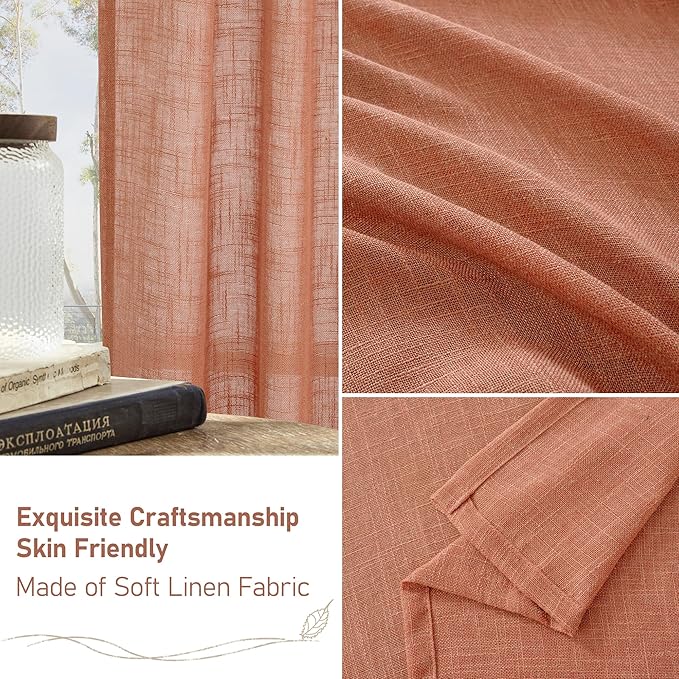 LAMIT Terracotta Linen Curtains 84 Inch Length 2 Panels for Living Room, Light Filtering Boho Window Treatments Semi Sheer Neutral Thick Drapes with Bronze Grommet for Bedroom/Farmhouse, 52 X 84 Inch