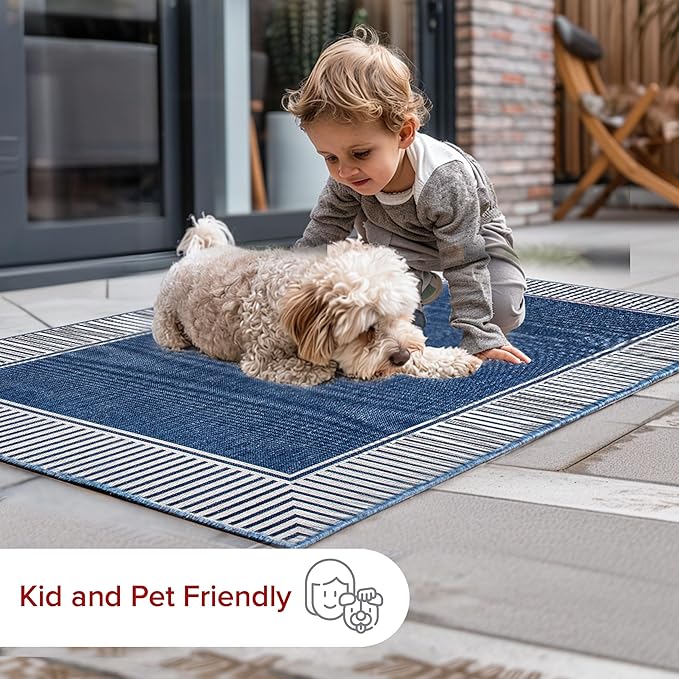 nuLOOM 2' x 8' Outdoor Area Rug, Casual Design With Striped Border, Stain Resistant, Highly Durable, For Patio, Balcony, Bedroom, Living Room, Dining Room, Bathroom, Navy