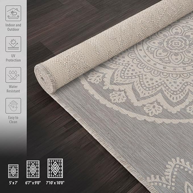CAMILSON Outdoor Rug 9x12 Modern Area Rugs for Large Indoor and Outdoor Patios and Porches - Waterproof Washable Non-Shedding Easy-to-Clean Outside Carpet (9 x 12, Medallion - Grey/White)