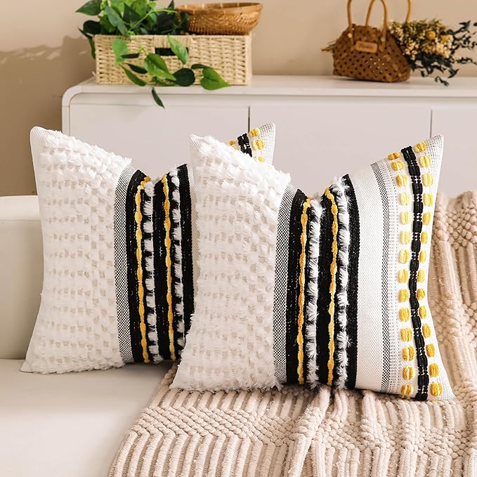 Boho Chenille Tufted Couch Throw Pillow Covers 18x18 Inch Set of 2 Farmhouse Striped Decorative Pillow Covers Accent Neutral Pillowcase Black Yellow Cushion Cover for Living Room Sofa Bed