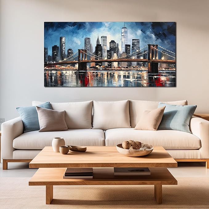 Brooklyn Bridge Wall Art for Bedroom,Modern City Large Canvas Wall Art Living Room,Blue Home Office Decor 29 x 59 Inch