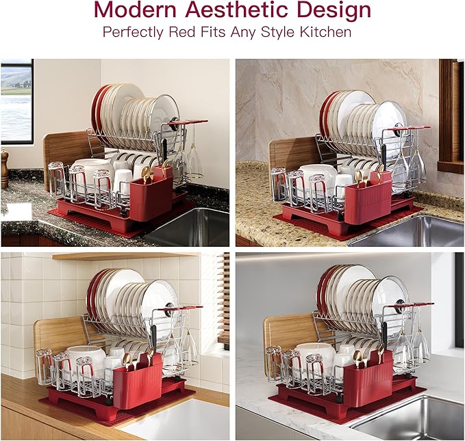 BOOSINY 2 Tier Red Large Stainless Steel Dish Drainers Drying Rack for Kitchen Counter with Drainboard, Rust Proof Metal, Space Saving, Modern Aesthetic, Compact Plates Strainers with Extra Mat