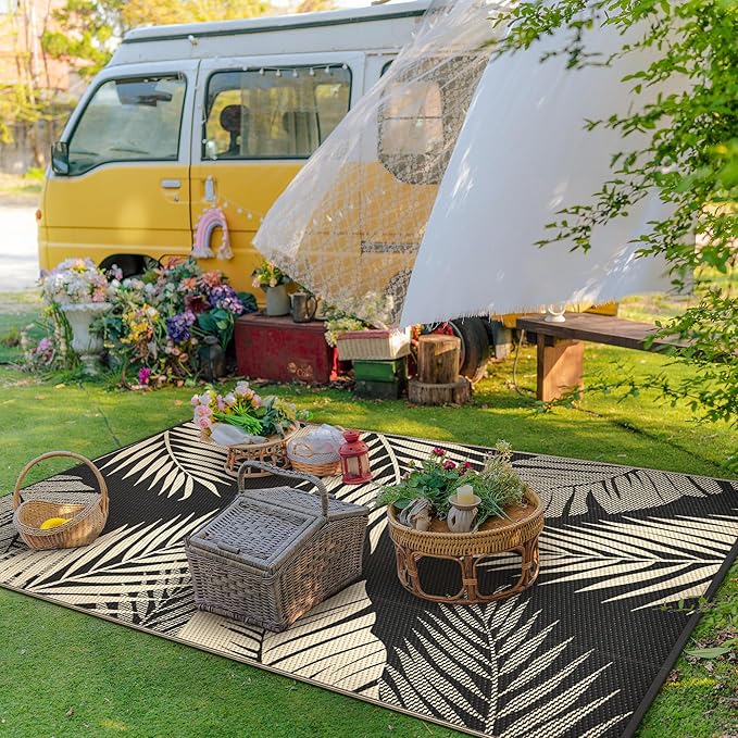 GENIMO Outdoor Rug 3' x 5' Waterproof for Patios Clearance, Reversible Outdoor Plastic Straw Camping Rug Carpet, Large Area Rugs Mats for RV, Camper, Deck, Balcony, Porch, Beach, Picnic, Black&Beige