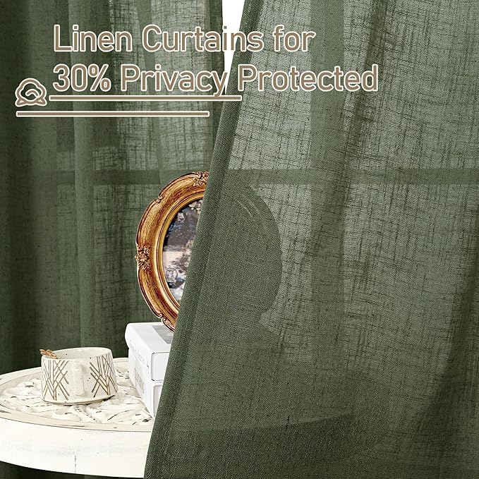 LAMIT Semi Sheer Linen Curtains 48 Inch Length, Light Filtering Panels Bronze Grommet Boho Neutral Christams Window Drapes for Kitchen/Short Windows/Cafe, Olive Green, 34 x 48 Inch, 2 Panels