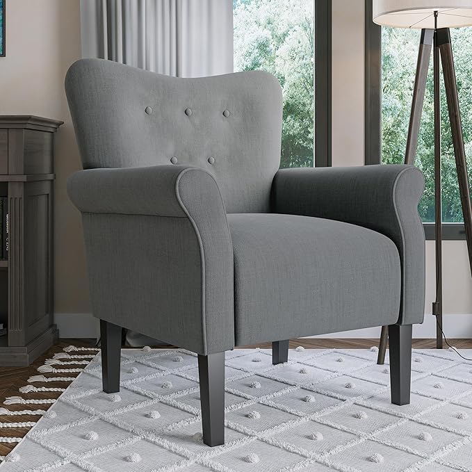 BELLEZE Modern Accent Chair, High Back Armchair, Upholstered Wingback Side Chair, Padded Single Sofa with Wooden Legs for Living Room, Bedroom - Gray
