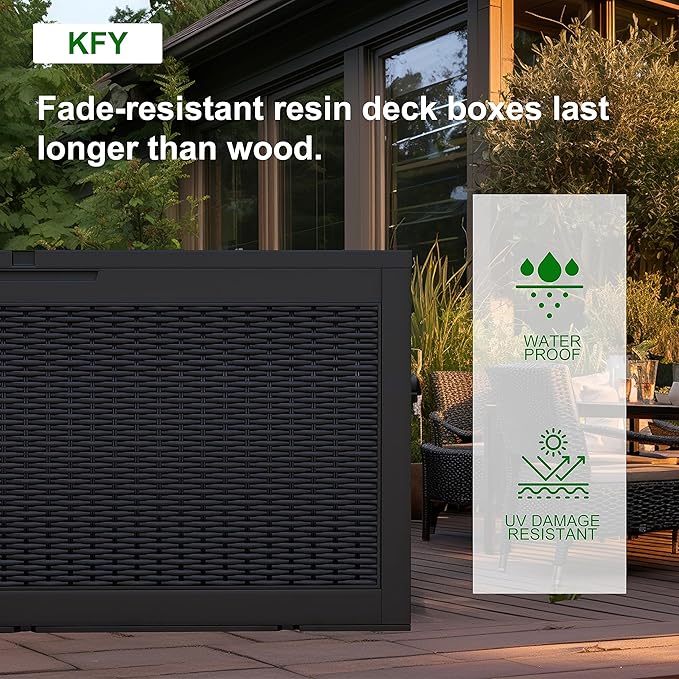 DRATO 260 Gallon Deck Box, Outdoor Large Waterproof Resin Storage Box with Lockable Lid for Patio Cushions, Gardening Tools, Sports Equipment, Black