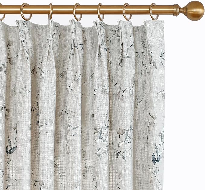 Pinch Pleated Floral Linen Curtains, 40 Inch Wide by 108 Inch Long Printed Curtains for Privacy Light Filtering, Suitable for Living Rooms and Sunrooms.2 Panels