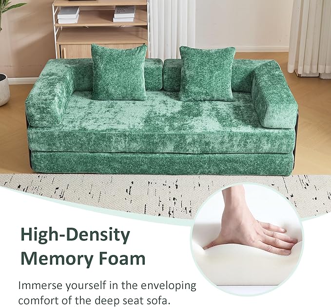 Convertible Sleeper Sofa Bed, Compression Folding Sofa with Pillow, No Assembly Required, Shape Frame, Floor Sofas Lounge Couch for Living Room, Bedroom, Small Spaces(Chenille, 77''W, Dark Green)