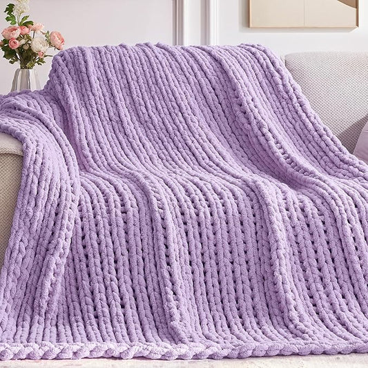 Chunky Knit Throw Blanket, 40''*50'' Knitted Throw Chenille Yarn for Bed Couch, Handmade Light Purple Crochet Big Thick Blanket, Machine Washable Cute Comfy Blanket for Home Decor