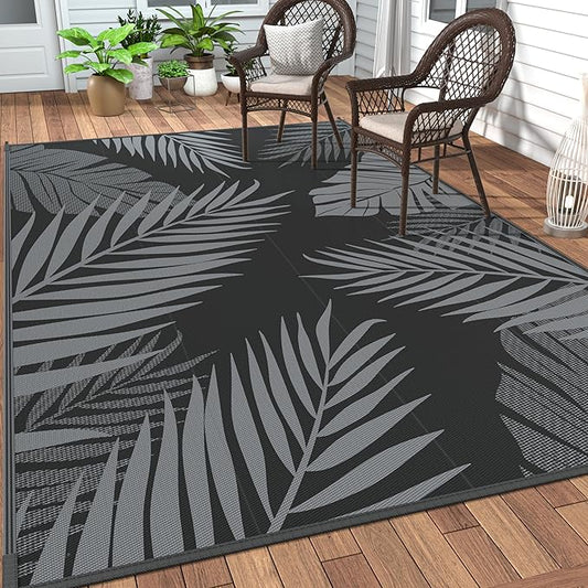 GENIMO Outdoor Rug 9' x 12' Waterproof for Patios Clearance, Reversible Outdoor Plastic Straw Camping Rug Carpet, Large Area Rugs Mats for RV, Camper, Deck, Balcony, Porch, Beach, Picnic, Black&Grey
