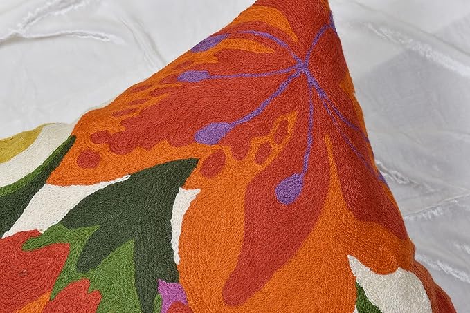 Floral Bloom Pillow Cover | Suzani Accent Pillowcase | Flower Accent Cushions | Hand Embroidered Wool Cushion - 18x18