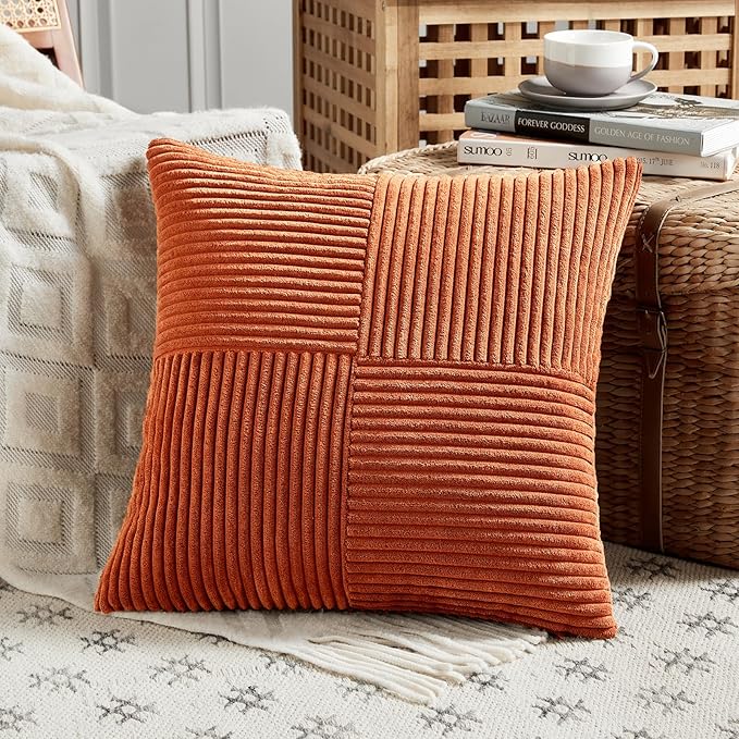Fancy Homi Set of 2 Burnt Orange Decorative Throw Pillow Covers 24x24 Inch for Living Room Couch Bed, Boho Farmhouse Fall Home Decor, Soft Corss Corduroy Patchwork Textured Cushion Case 60x60 cm