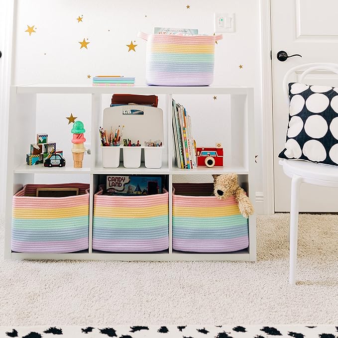 OrganiHaus Set of 3 Rainbow Woven Storage Baskets for Organizing, Cotton Rope Organizer Bins for Shelves, Closet & Nursery, Dog Toy Basket, Decorative Bins for Toys, Towels & Books - 15x10x9