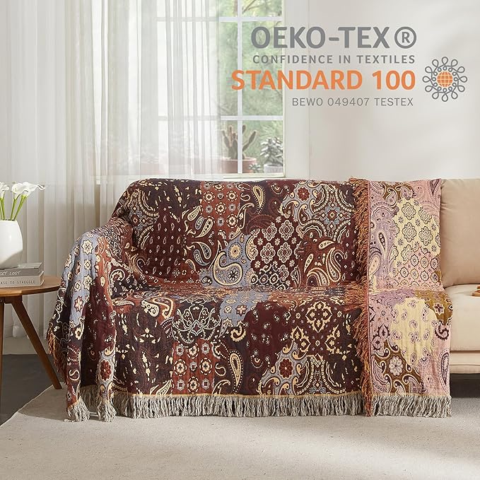 Boho Throw Blanket for Bed 60”x80”, 100% Cotton Woven Blanket for Couch Sofa, Ultra Soft 4-Layer Muslin Quilt with Patchwork Floral Printed, Farmhouse Bed Blanket/Cover for Living Room Decor